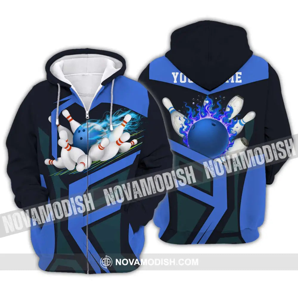 Unisex Shirt - Custom Text Blue Bowling Player Sport Shirt Zipper Hoodie / S T-shirt