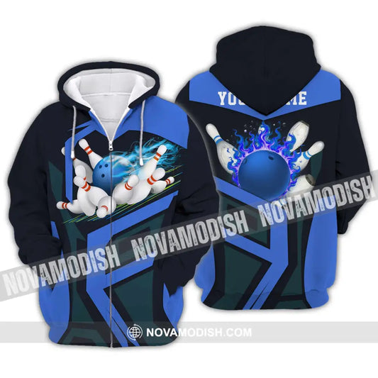 Unisex Shirt - Custom Text Blue Bowling Player Sport Shirt Zipper Hoodie / S T-shirt