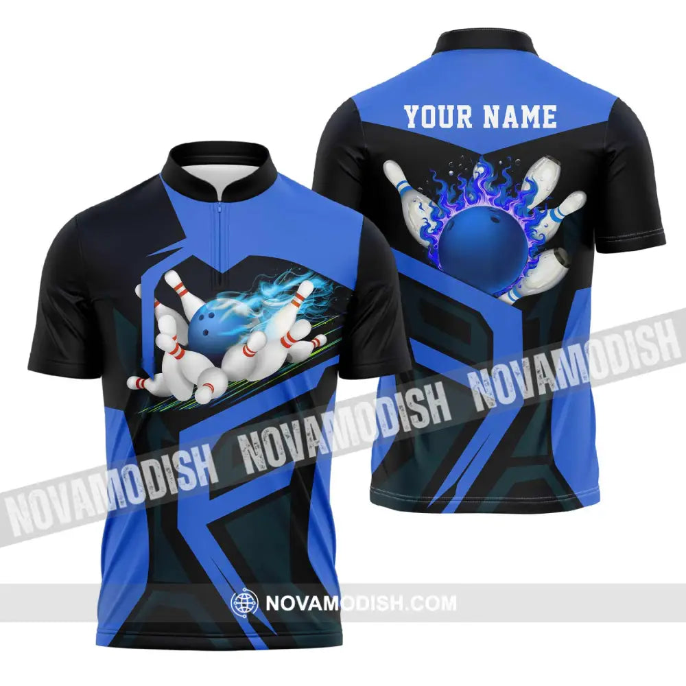 Unisex Shirt - Custom Text Blue Bowling Player Sport Shirt Zipper Polo Shirt / S T-shirt
