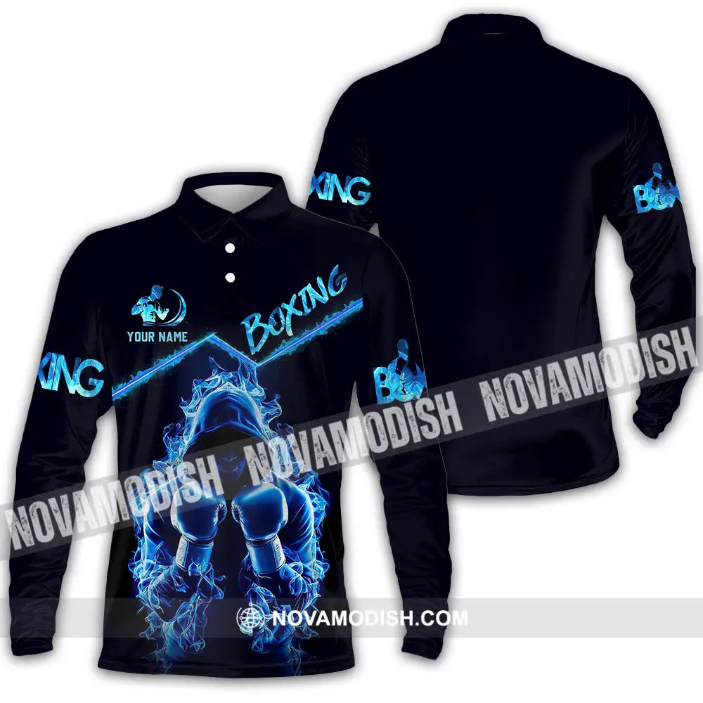 Unisex Shirt - Custom Text Shirt Boxing Blue Long Sleeve Polo / S T-shirt