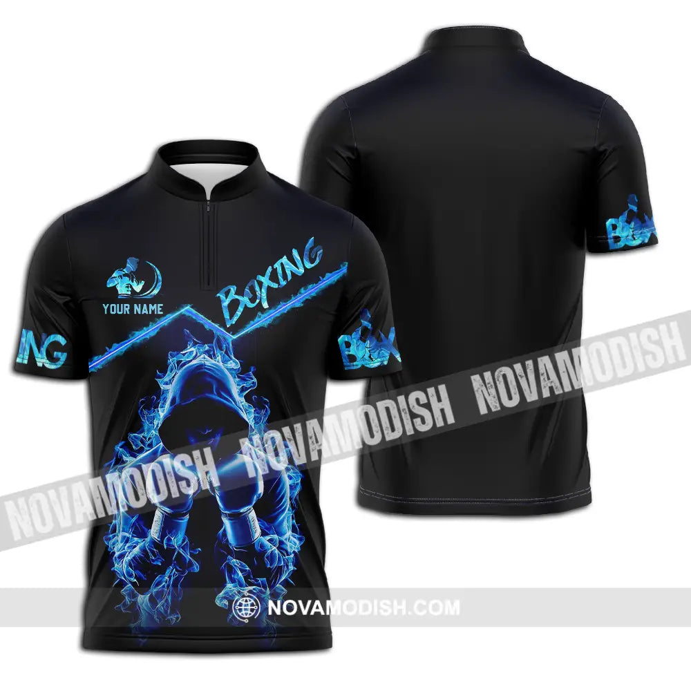 Unisex Shirt - Custom Text Shirt Boxing Blue Zipper Polo Shirt / S T-shirt