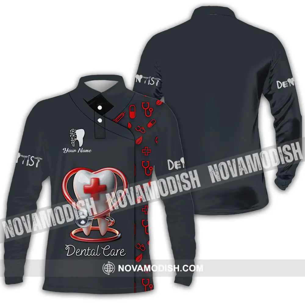 Unisex Shirt - Custom Text Shirt Dental Care Long Sleeve Polo / S T-shirt