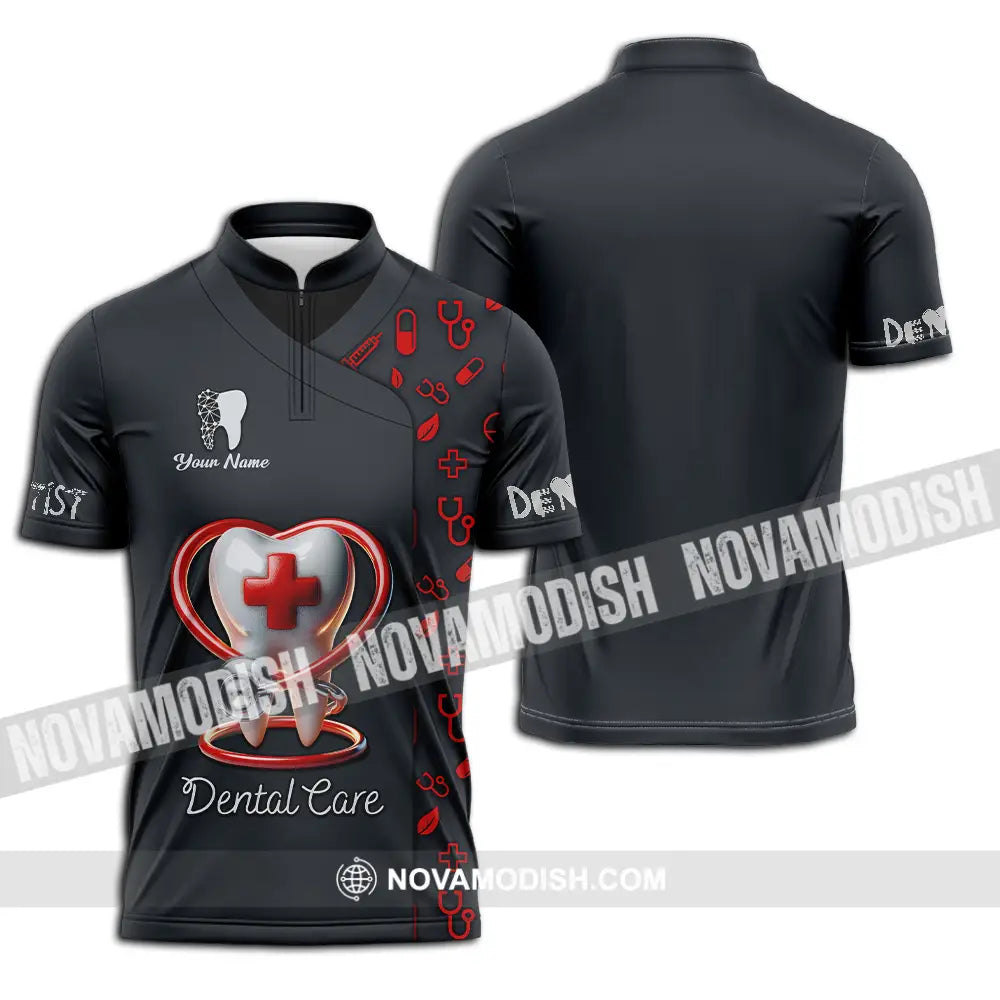 Unisex Shirt - Custom Text Shirt Dental Care Zipper Polo Shirt / S T-shirt