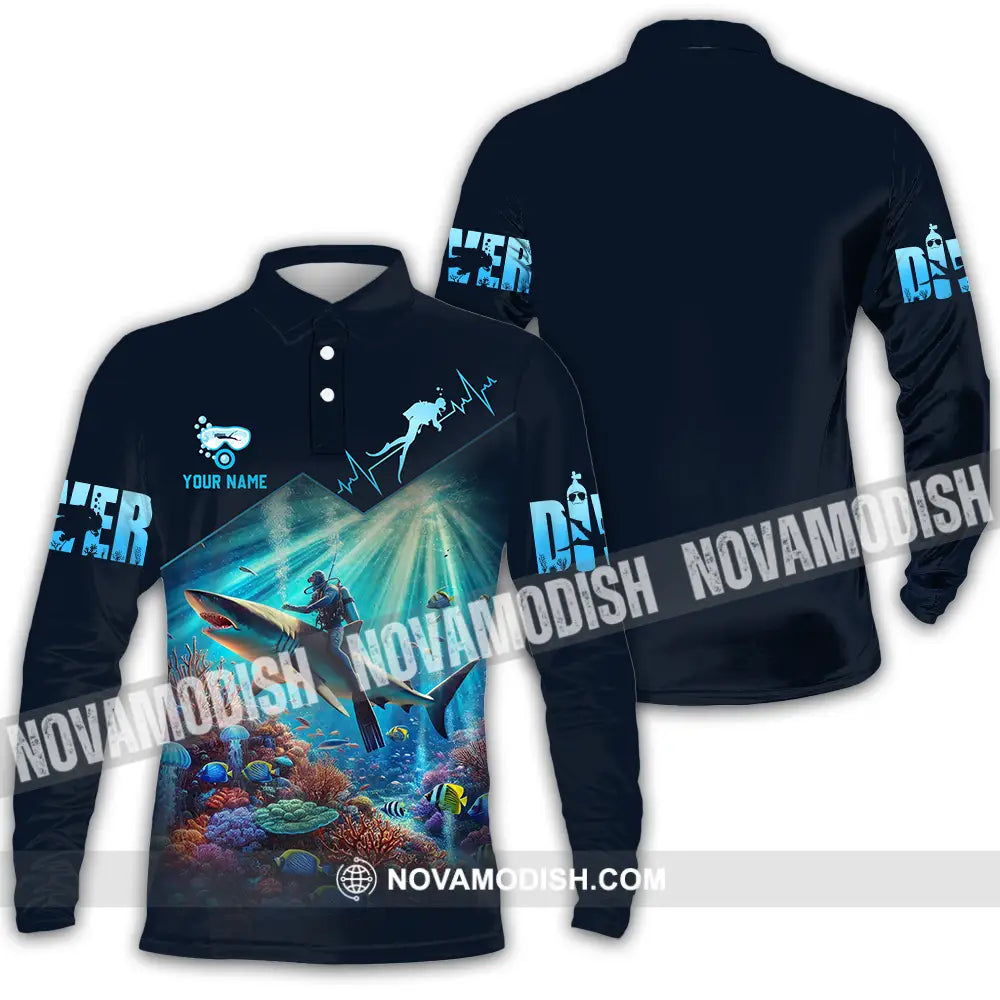 Unisex Shirt - Custom Text Shirt Diver Lover Long Sleeve Polo / S T-shirt