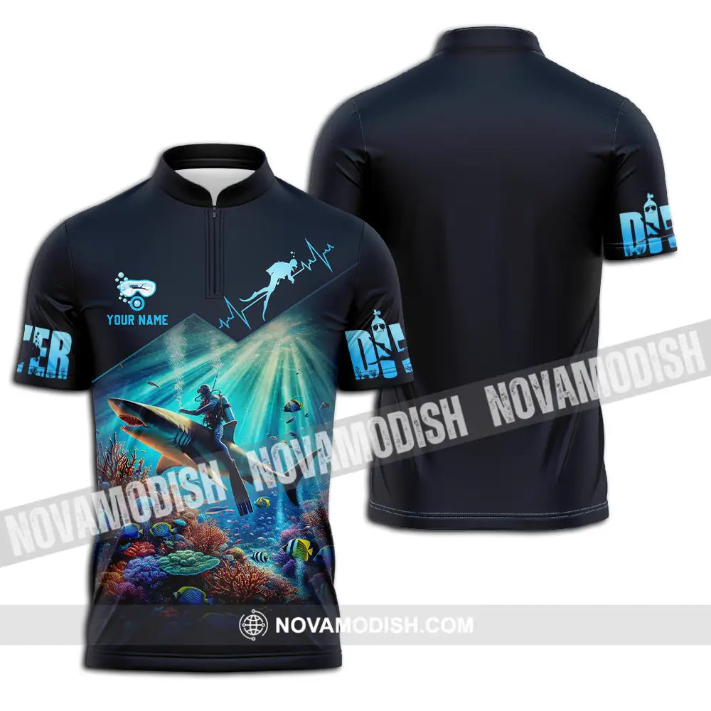 Unisex Shirt - Custom Text Shirt Diver Lover Zipper Polo Shirt / S T-shirt