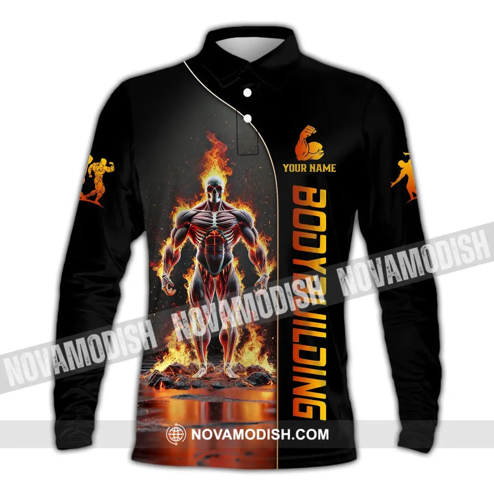 Unisex Shirt - Custom Text Fire Bowling Man Long Sleeve Polo / S T-Shirt