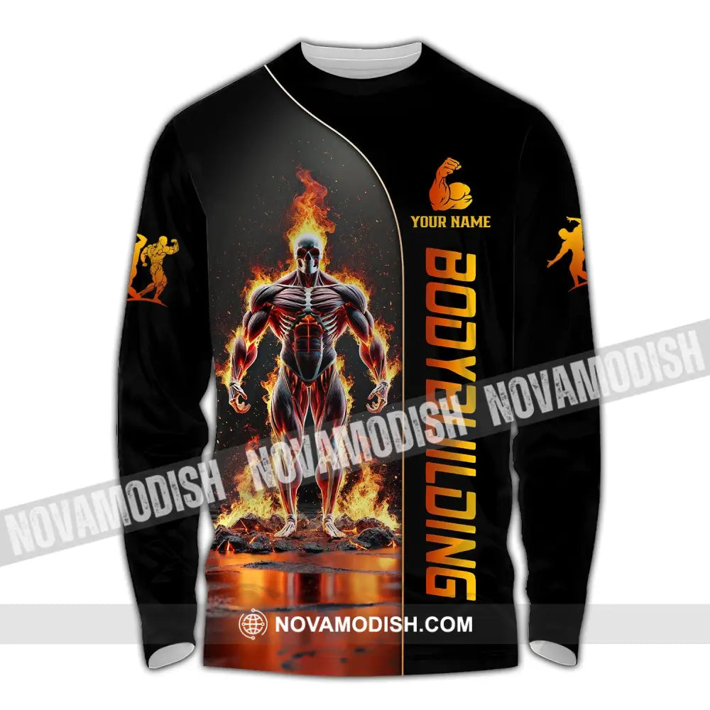 Unisex Shirt - Custom Text Fire Bowling Man Long Sleeve / S T-Shirt