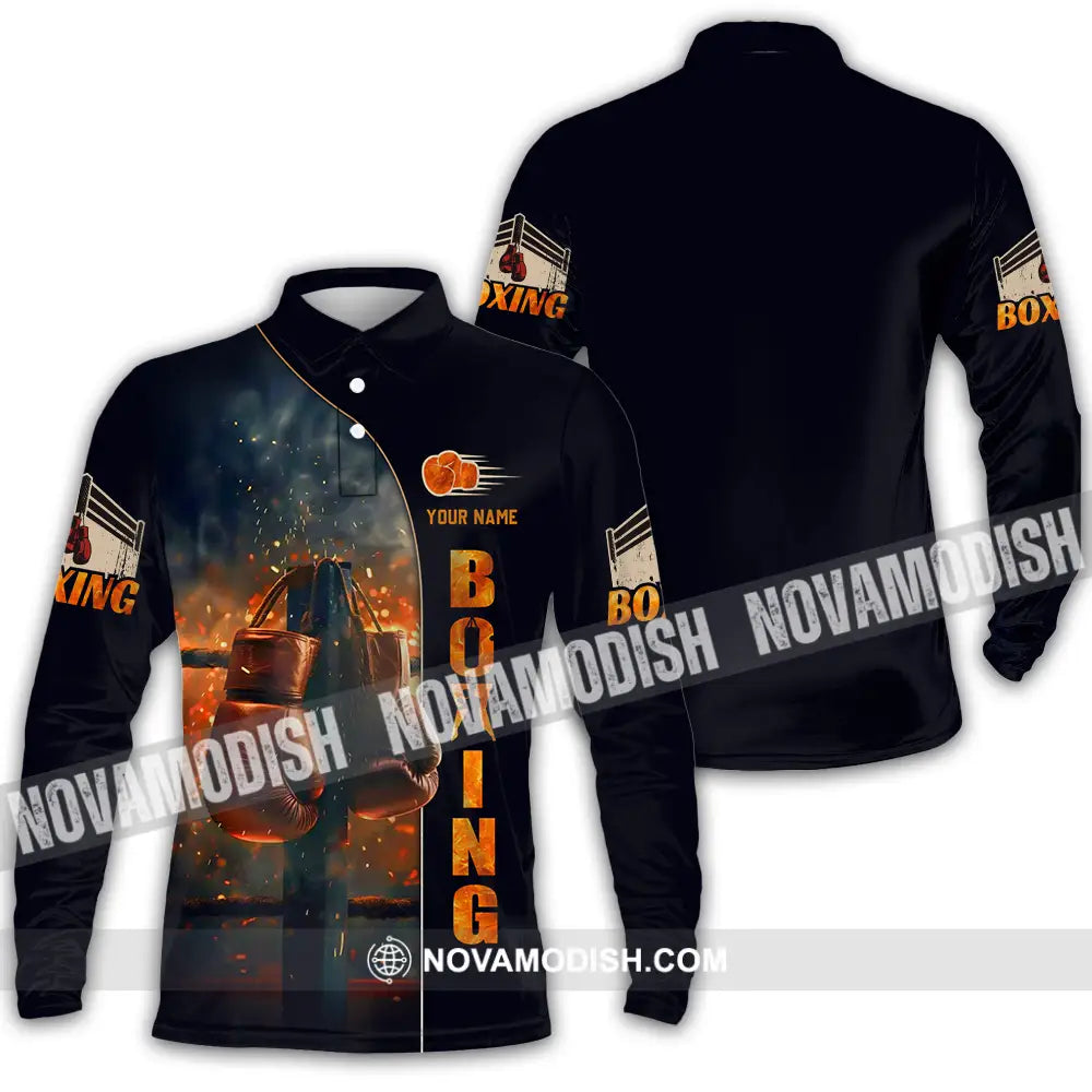 Unisex Shirt - Custom Text Shirt Fire Boxing Long Sleeve Polo / S T-shirt