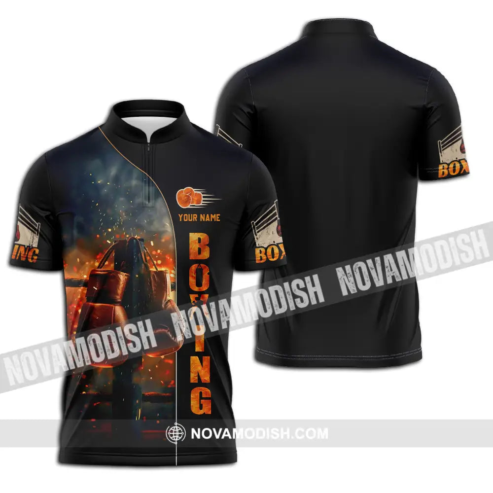 Unisex Shirt - Custom Text Shirt Fire Boxing Zipper Polo Shirt / S T-shirt