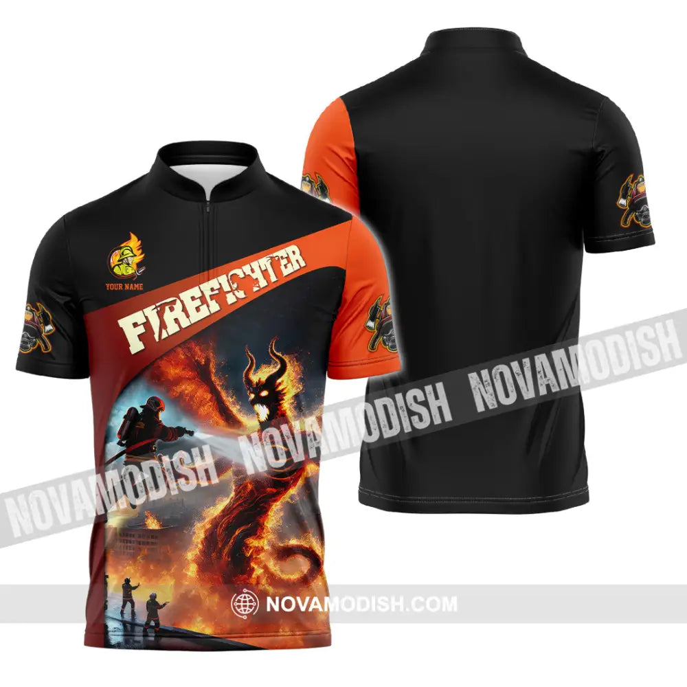 Unisex Shirt - Custom Text Shirt Fire Fighter Shirt Zipper Polo Shirt / S T-shirt