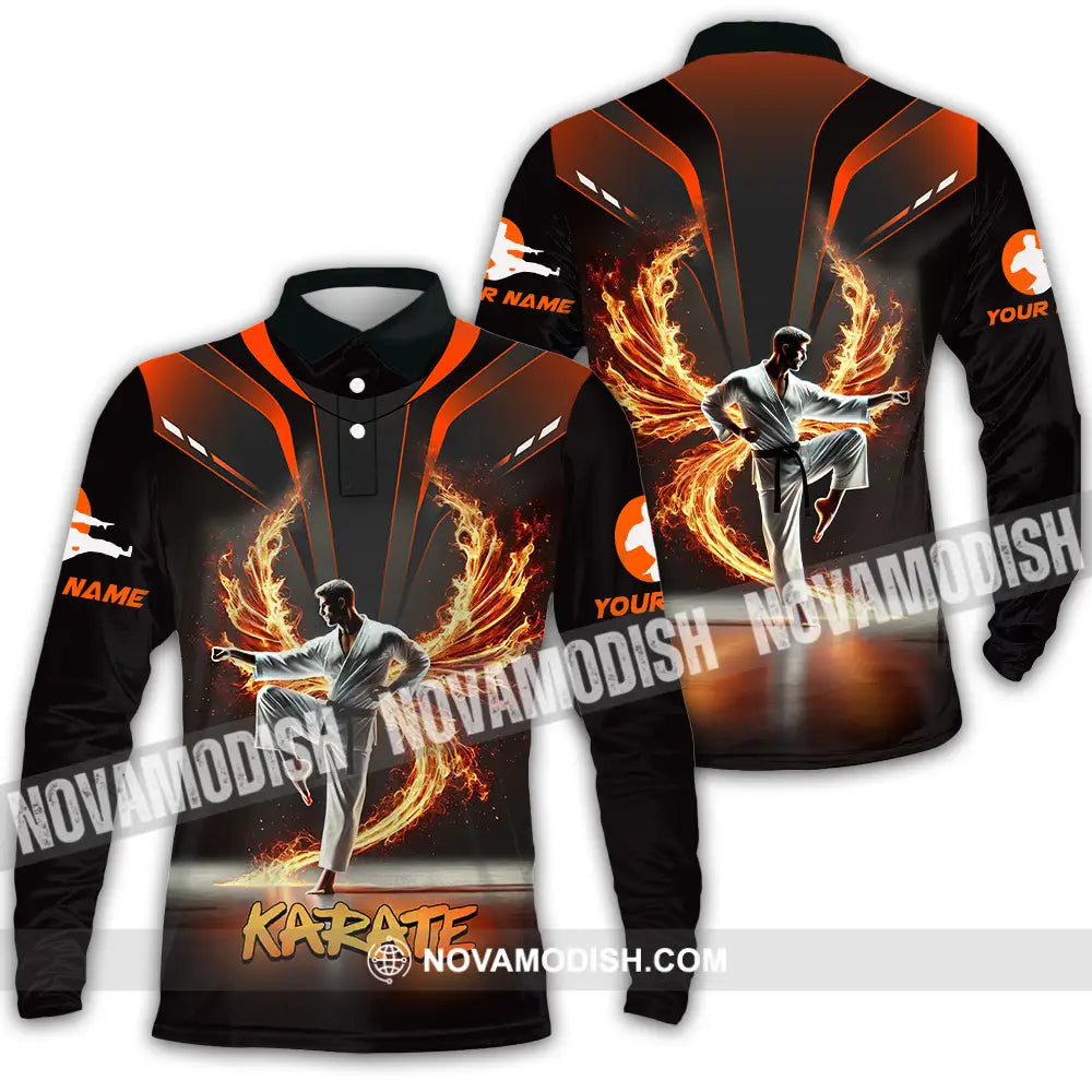 Unisex Shirt - Custom Text Fire Karate Long Sleeve Polo / S T-Shirt