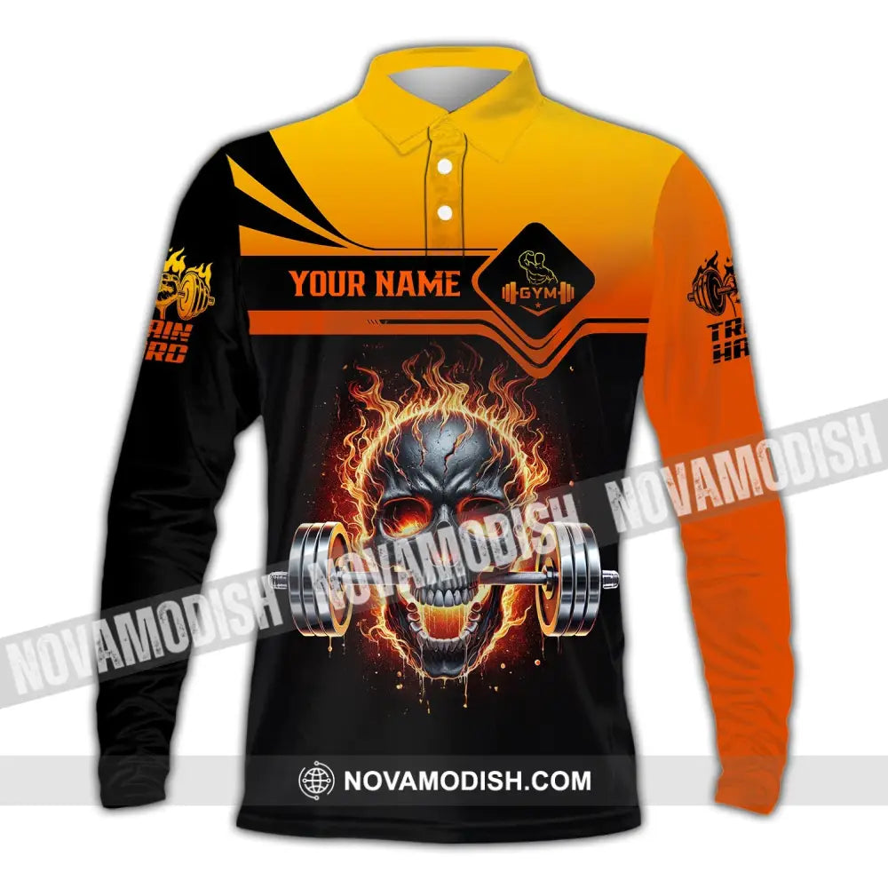 Unisex Shirt - Custom Text Fire Skullcap Long Sleeve Polo / S T-Shirt