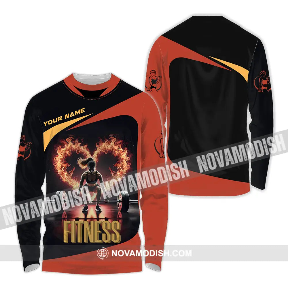 Unisex Shirt - Custom Text Fitness Fire Heart Long Sleeve / S T-Shirt