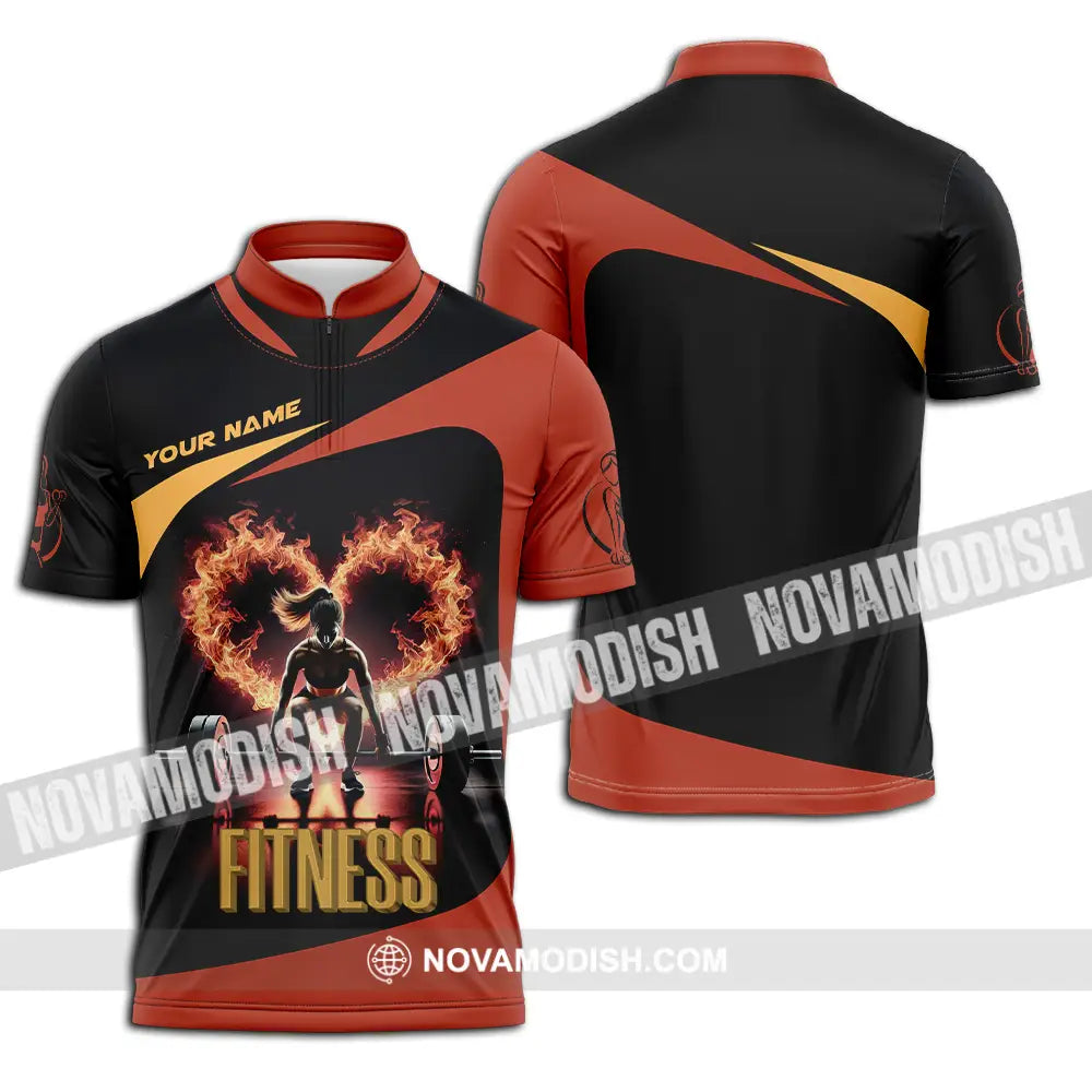 Unisex Shirt - Custom Text Fitness Fire Heart Zipper Polo / S T-Shirt