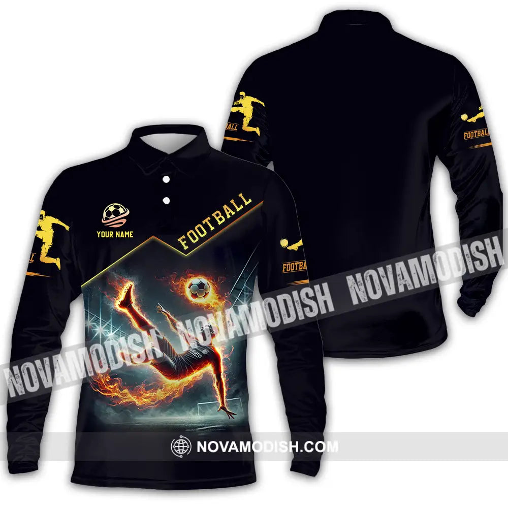 Unisex Shirt - Custom Text Football Fire Man Long Sleeve Polo / S T-Shirt