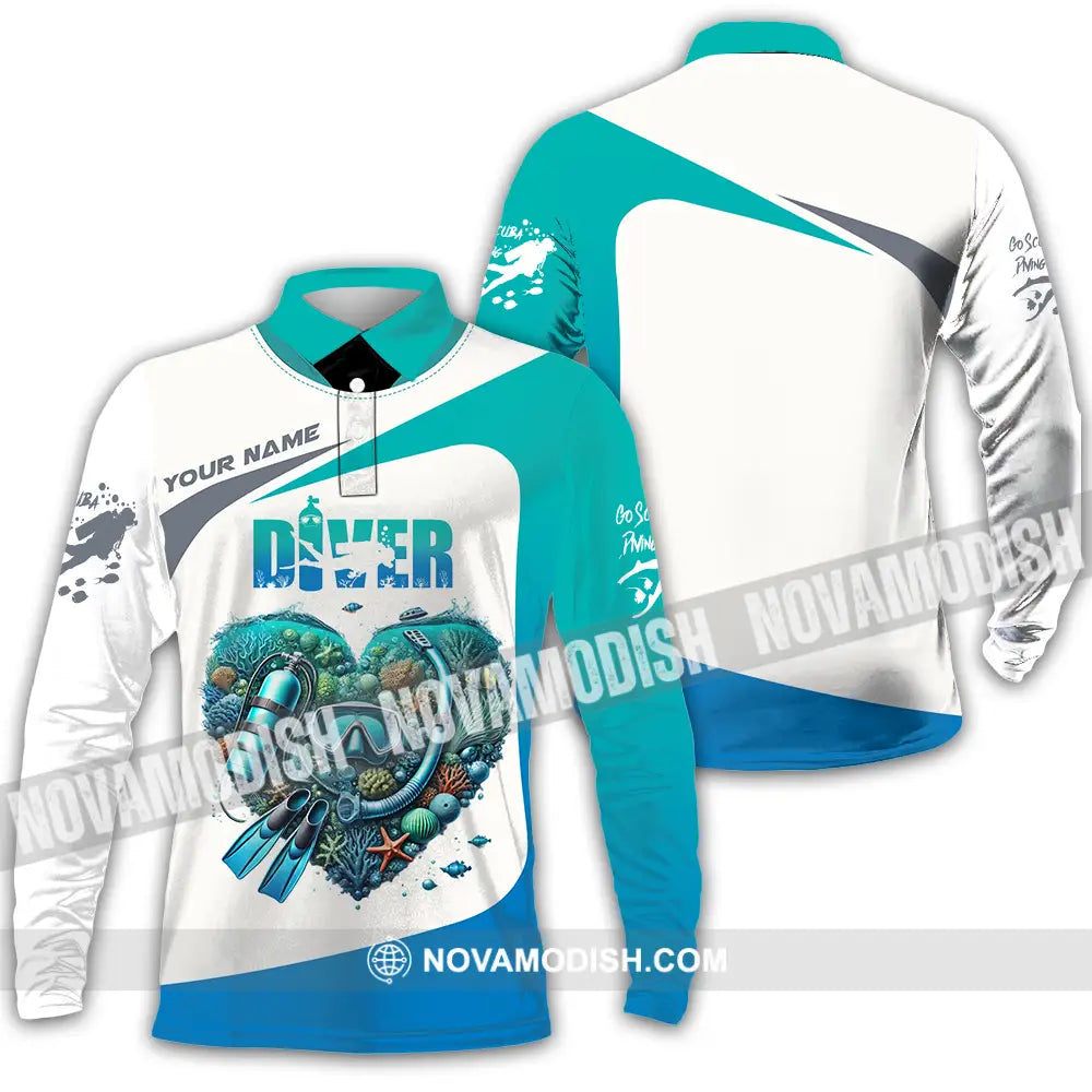 Unisex Shirt - Custom Text Shirt Heart Of Diver Long Sleeve Polo / S T-shirt