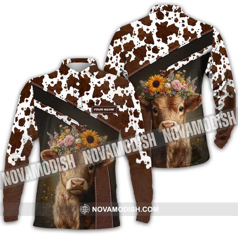Unisex Shirt - Custom Text Shirt Highland Cow Shirt Long Sleeve Polo / S T-shirt