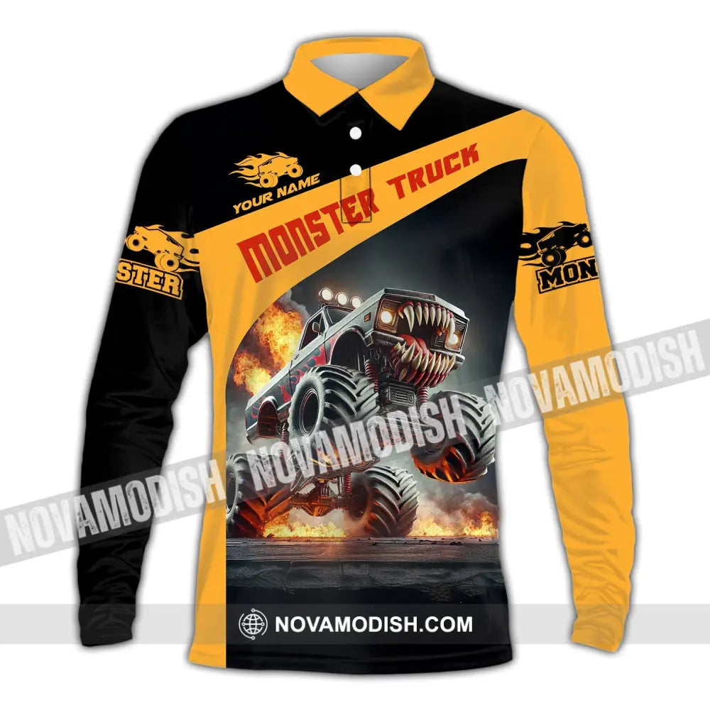 Unisex Shirt - Custom Text Monster Truck Long Sleeve Polo / S T-Shirt