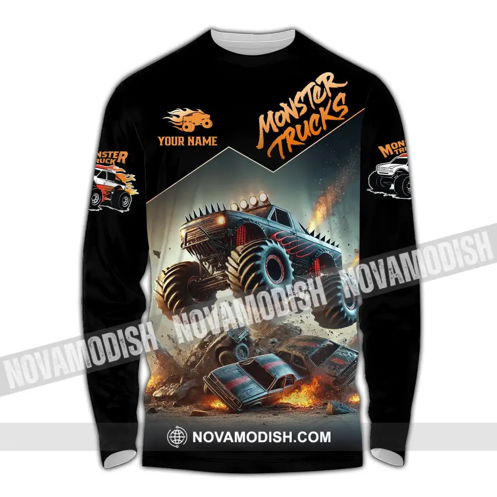 Unisex Shirt - Custom Text Monster Trucks Long Sleeve / S T-Shirt