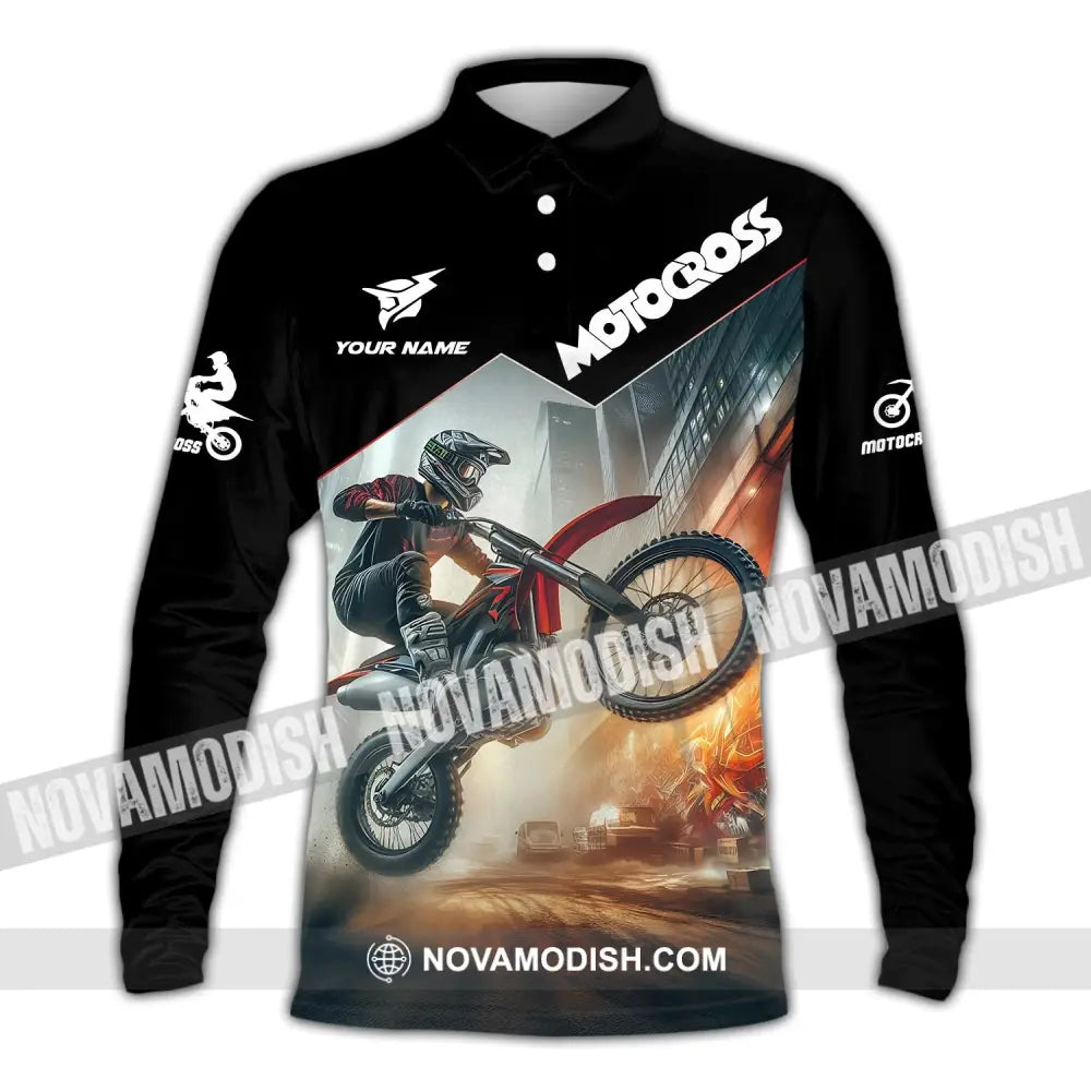 Unisex Shirt - Custom Text Motocross Long Sleeve Polo / S T-Shirt