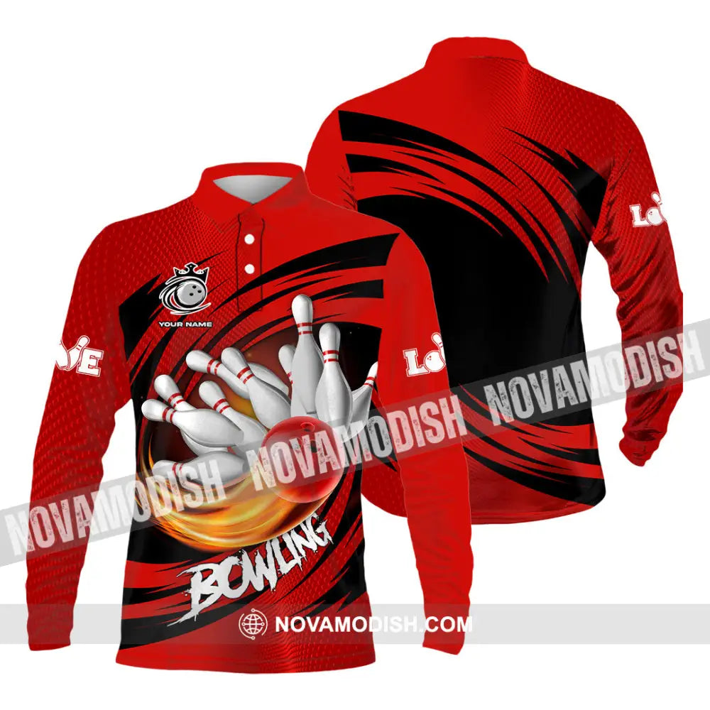 Unisex Shirt - Custom Text Red Ball Bowling Player Sport Shirt Long Sleeve Polo / S T-shirt
