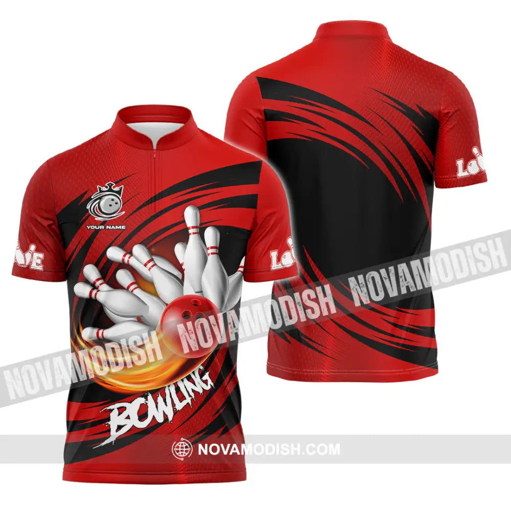 Unisex Shirt - Custom Text Red Ball Bowling Player Sport Shirt Zipper Polo Shirt / S T-shirt