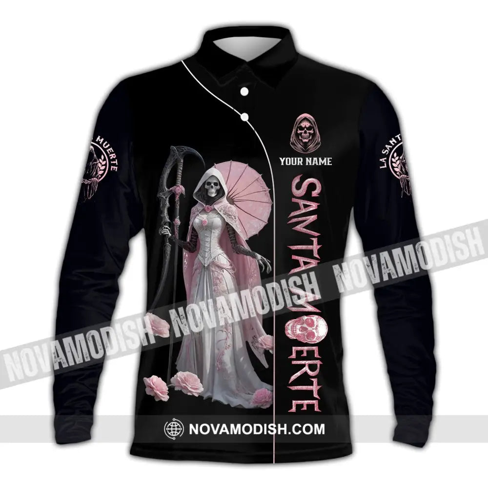 Unisex Shirt - Custom Text Santa Muerte Long Sleeve Polo / S T-Shirt