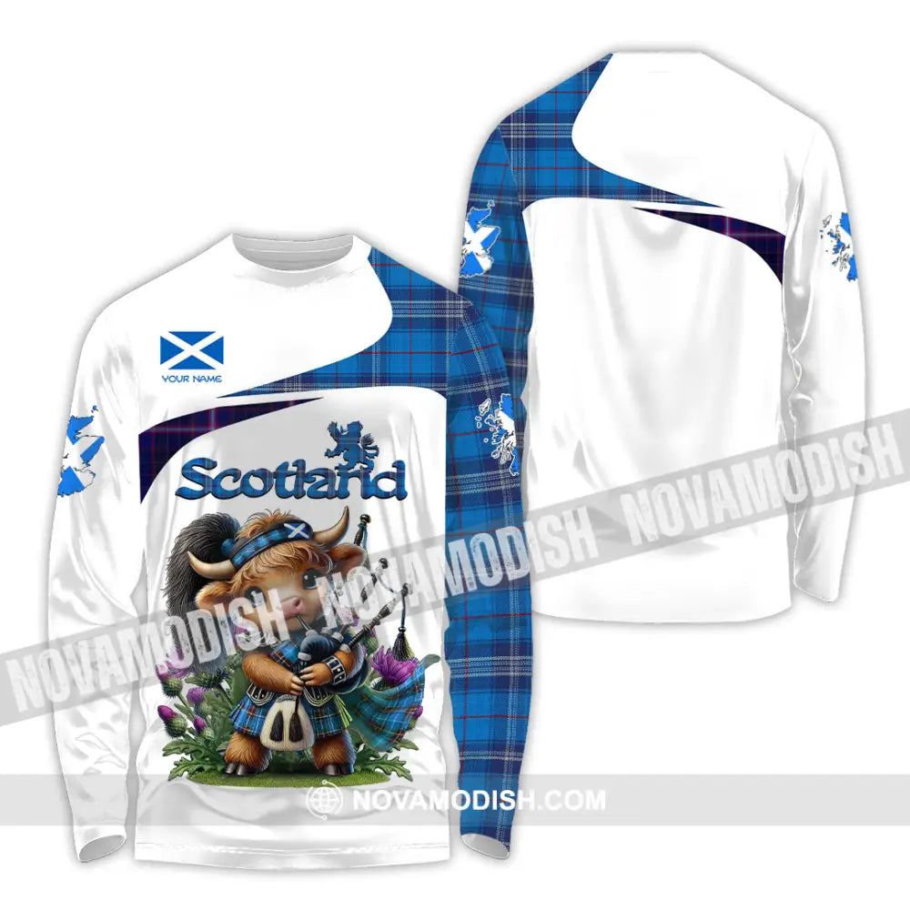 Unisex Shirt - Custom Text Shirt Scotland Highland Cow With Bagpipes Shirt Long Sleeve Shirt / S T-shirt