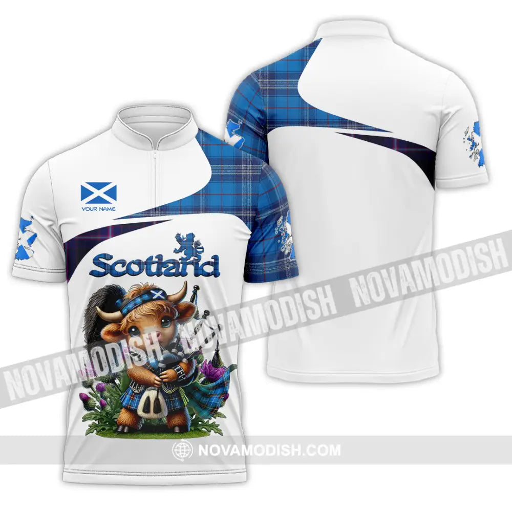 Unisex Shirt - Custom Text Shirt Scotland Highland Cow With Bagpipes Shirt Zipper Polo Shirt / S T-shirt
