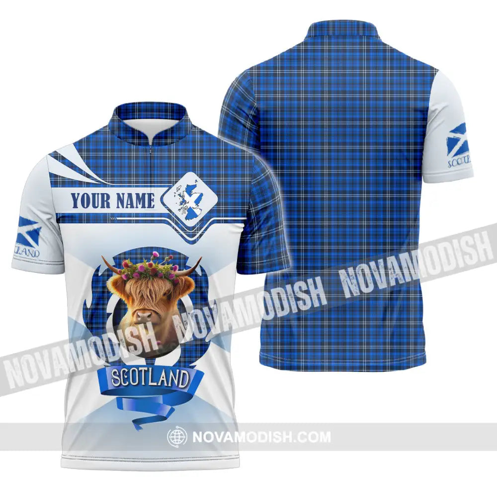 Unisex Shirt - Custom Text Shirt Scotland Highland Cow Shirt Zipper Polo Shirt / S T-shirt