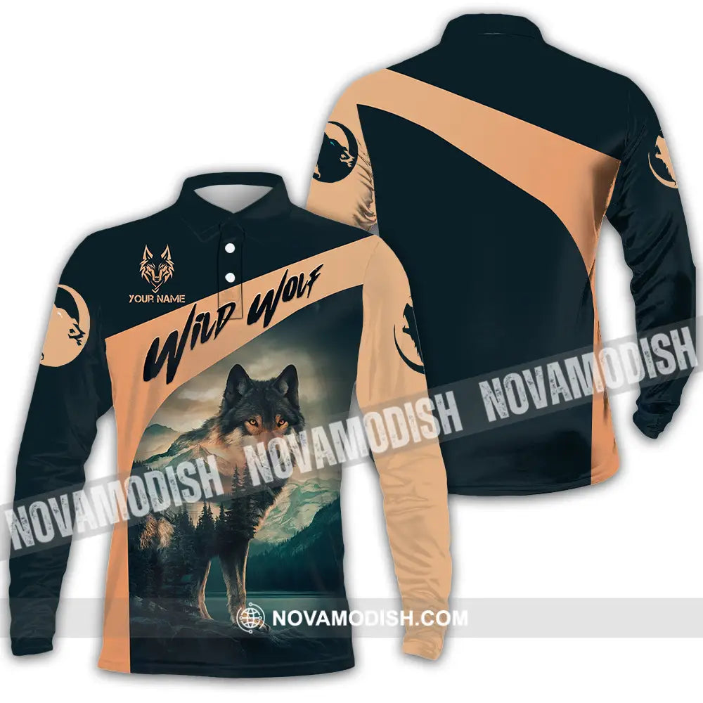 Unisex Shirt - Custom Text Wild Wolf Long Sleeve Polo / S T-Shirt