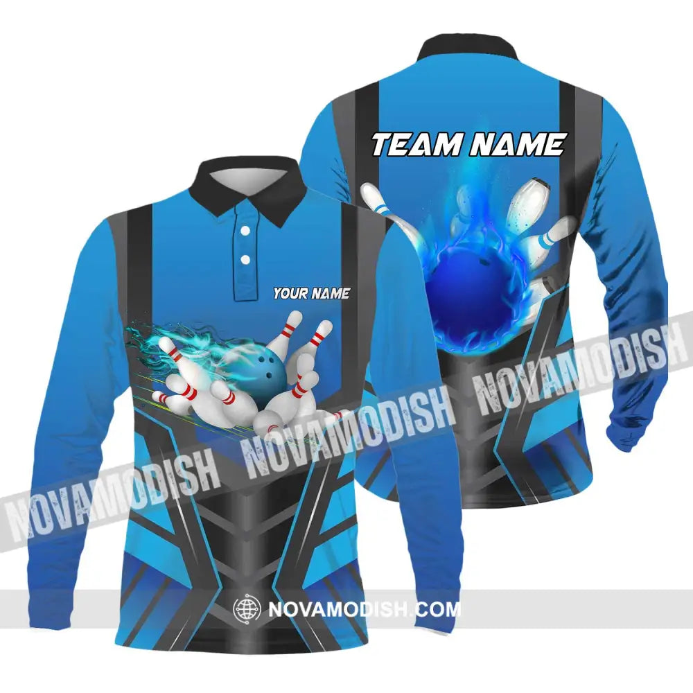 Unisex Shirt - Custom Texts Blue Fire Bowing Sport Shirt Long Sleeve Polo / S T-shirt