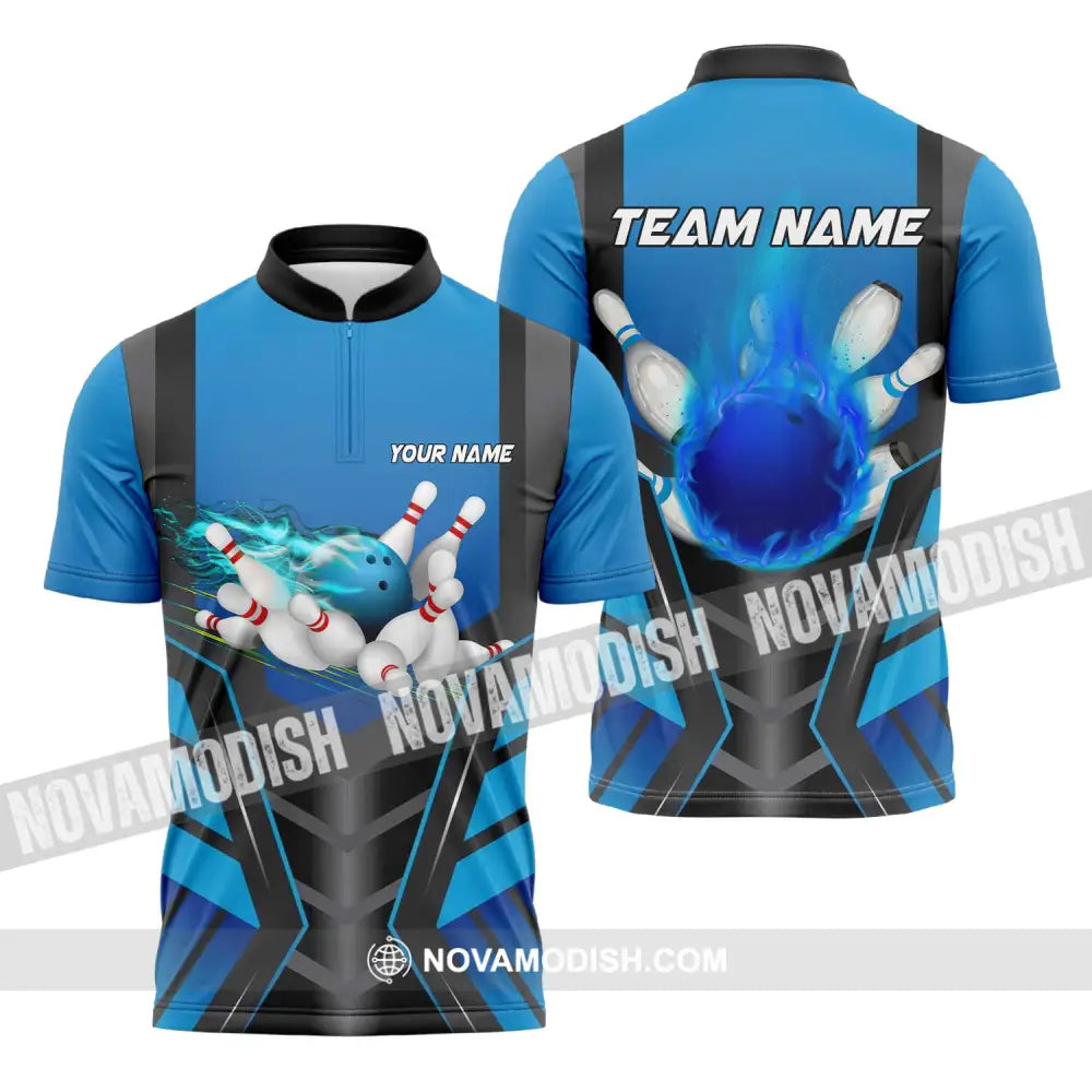 Unisex Shirt - Custom Texts Blue Fire Bowing Sport Shirt Zipper Polo Shirt / S T-shirt