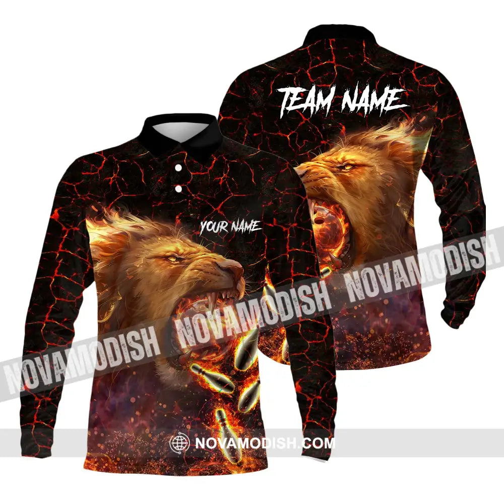 Unisex Shirt - Custom Texts Fire Lion Bowling Sport Shirt For Player Long Sleeve Polo / S T-shirt