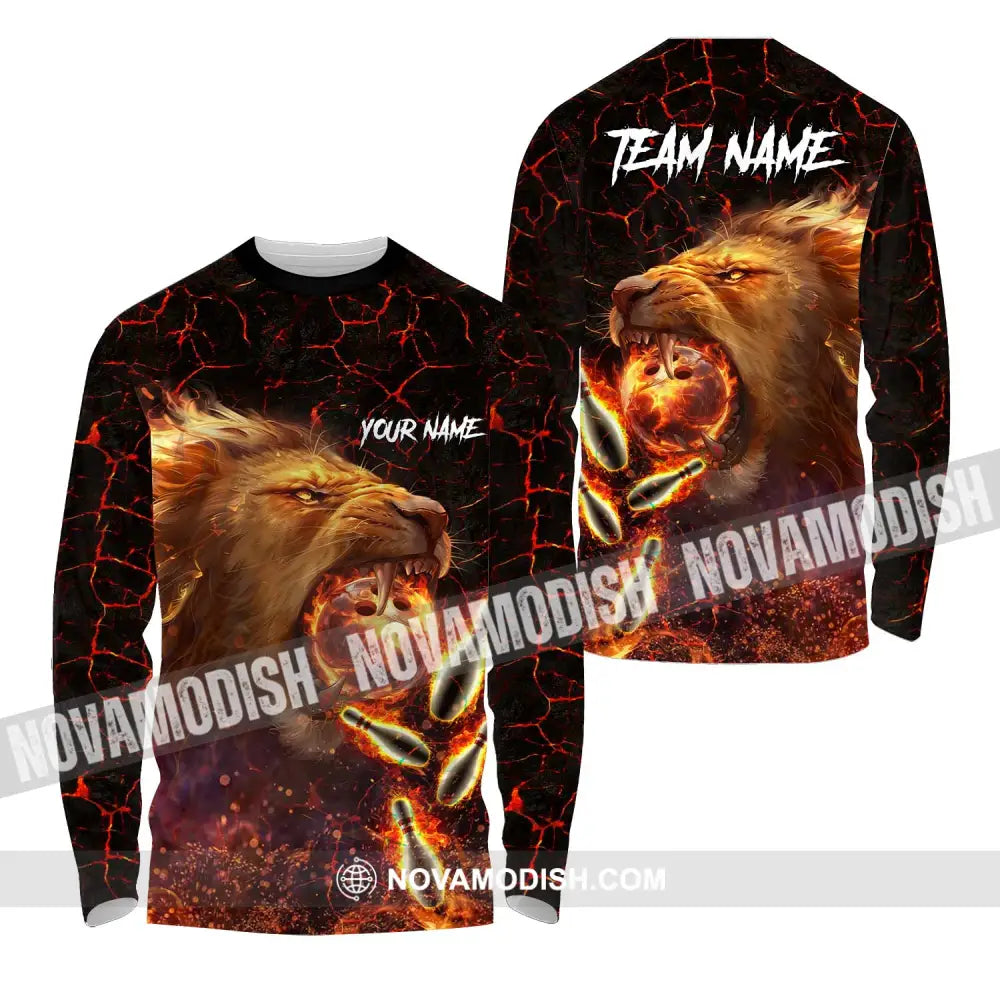 Unisex Shirt - Custom Texts Fire Lion Bowling Sport Shirt For Player Long Sleeve Shirt / S T-shirt