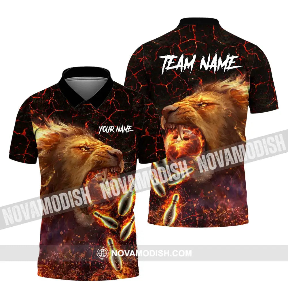 Unisex Shirt - Custom Texts Fire Lion Bowling Sport Shirt For Player Polo Shirt / S T-shirt