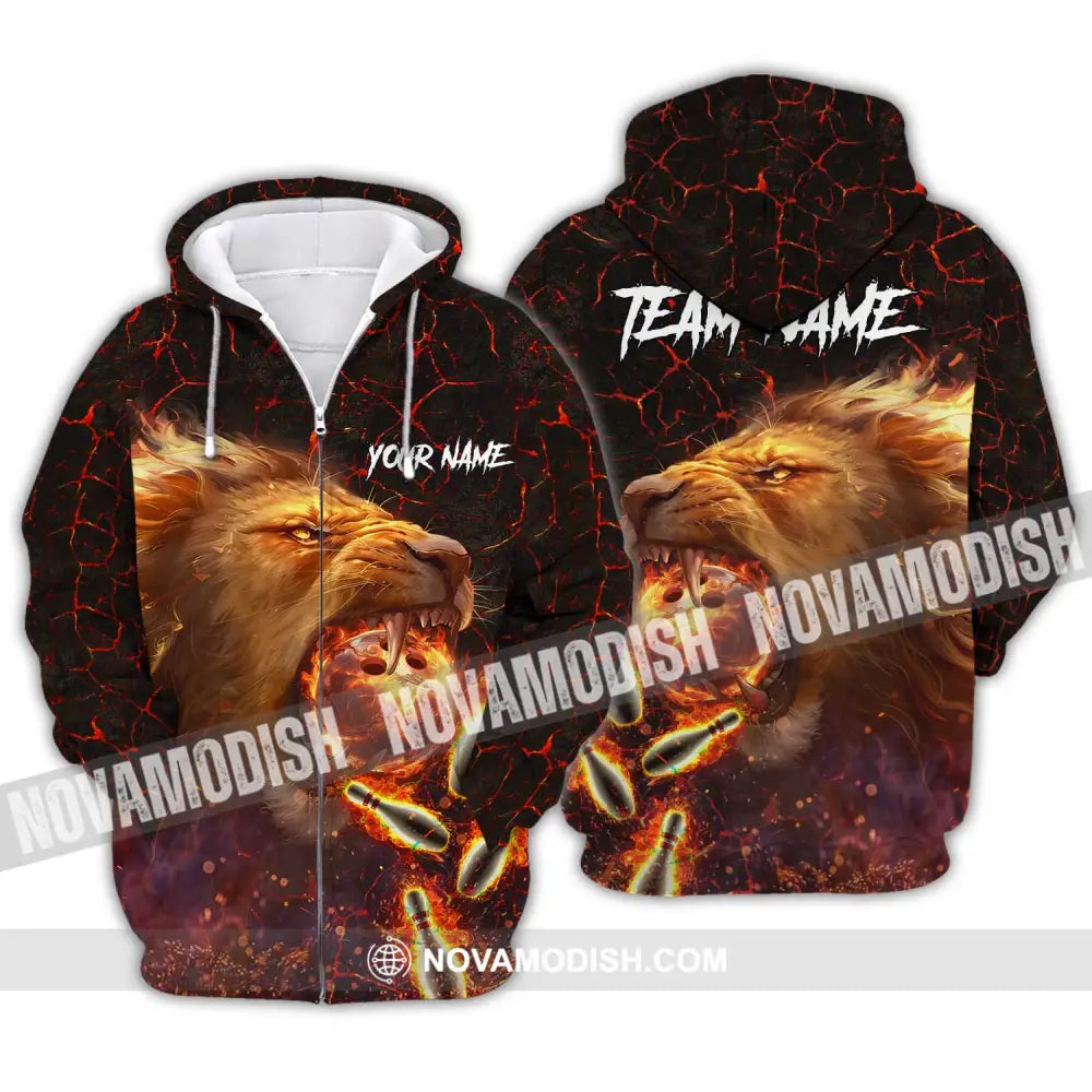Unisex Shirt - Custom Texts Fire Lion Bowling Sport Shirt For Player Zipper Hoodie / S T-shirt