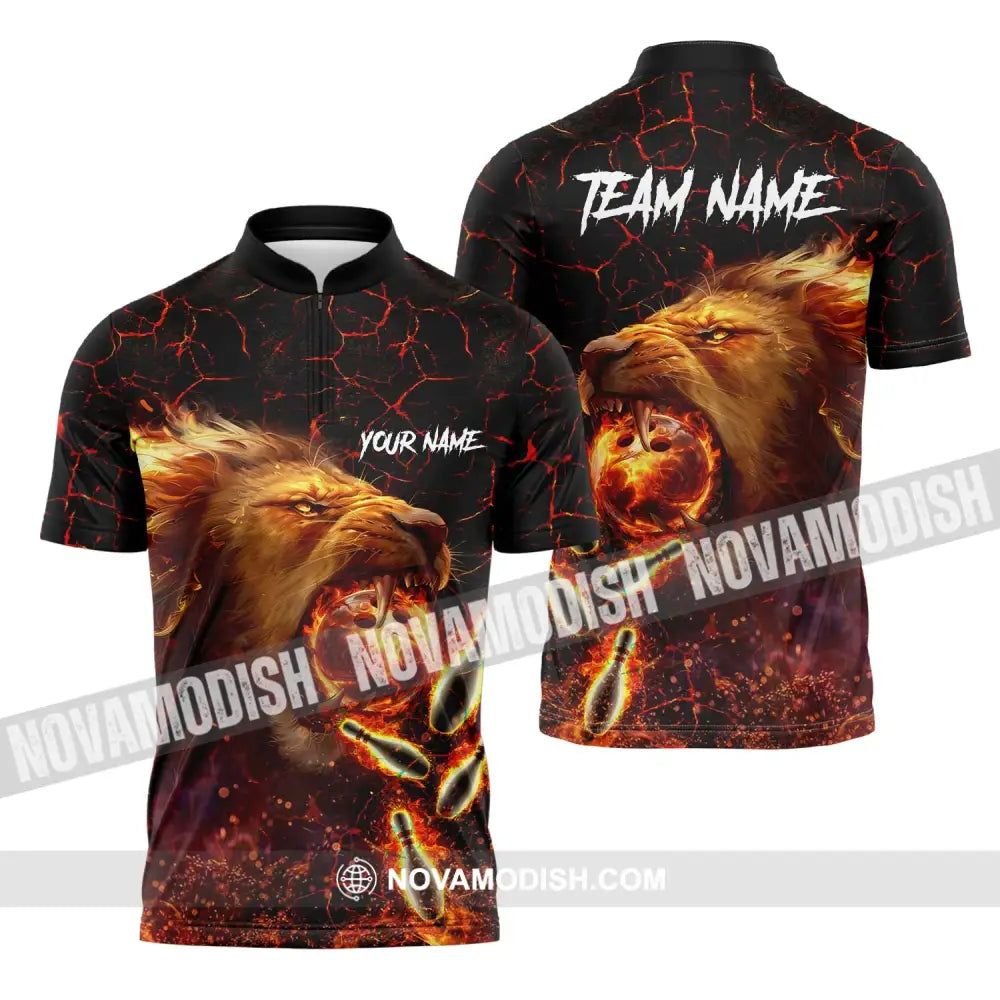 Unisex Shirt - Custom Texts Fire Lion Bowling Sport Shirt For Player Zipper Polo Shirt / S T-shirt