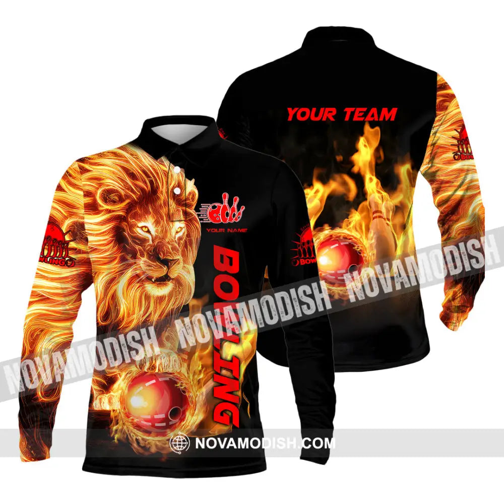 Unisex Shirt - Custom Texts Fire Lion Bowling Sport Shirt Long Sleeve Polo / S T-shirt