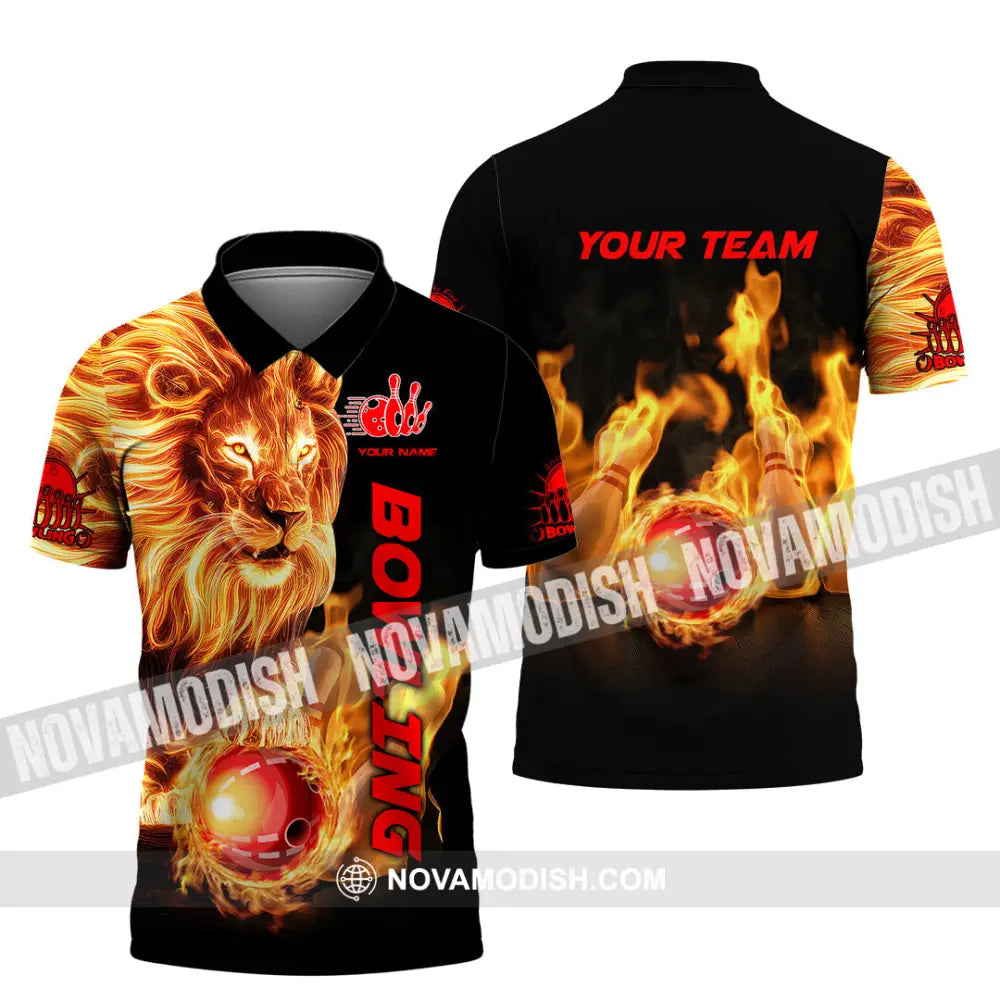 Unisex Shirt - Custom Texts Fire Lion Bowling Sport Shirt Polo Shirt / S T-shirt