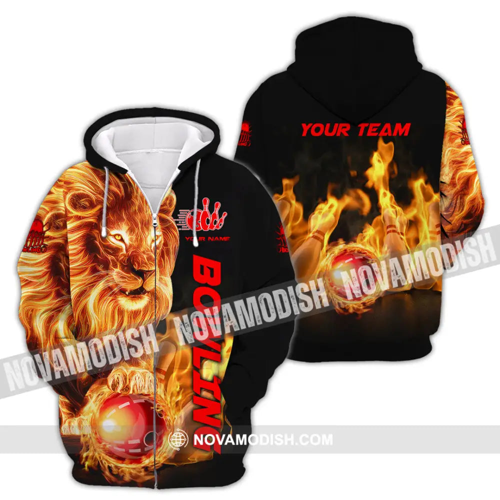 Unisex Shirt - Custom Texts Fire Lion Bowling Sport Shirt Zipper Hoodie / S T-shirt