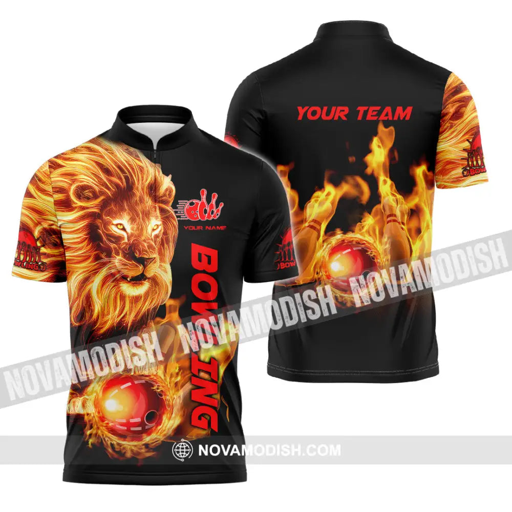 Unisex Shirt - Custom Texts Fire Lion Bowling Sport Shirt Zipper Polo Shirt / S T-shirt
