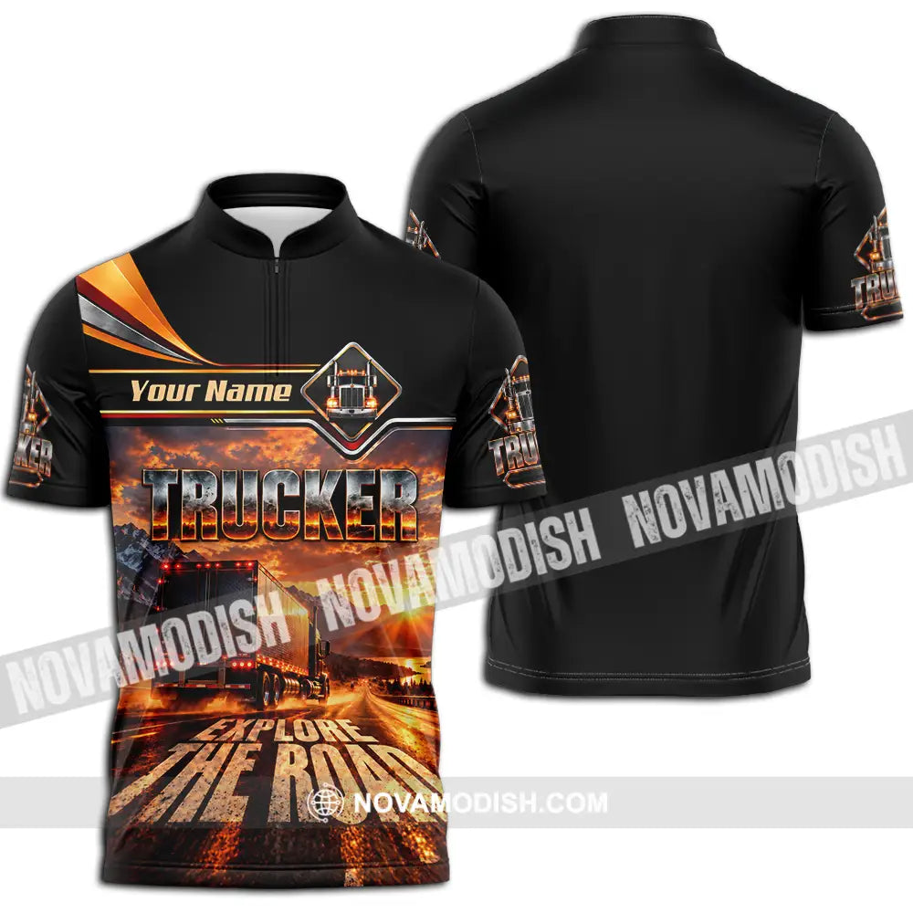 Unisex Shirt - Custom Trucker Explore The Road Shirt - Zipper Polo Shirt / S - T-shirt
