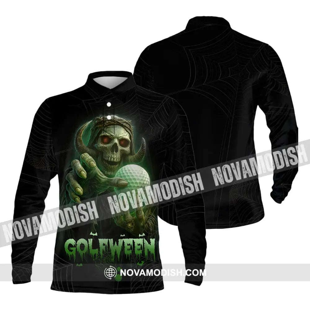 Unisex Shirt - Hello Darkness Skeleton Funny Skull Golf Golfween Halloween Golf Player Shirt Long Sleeve Polo / S