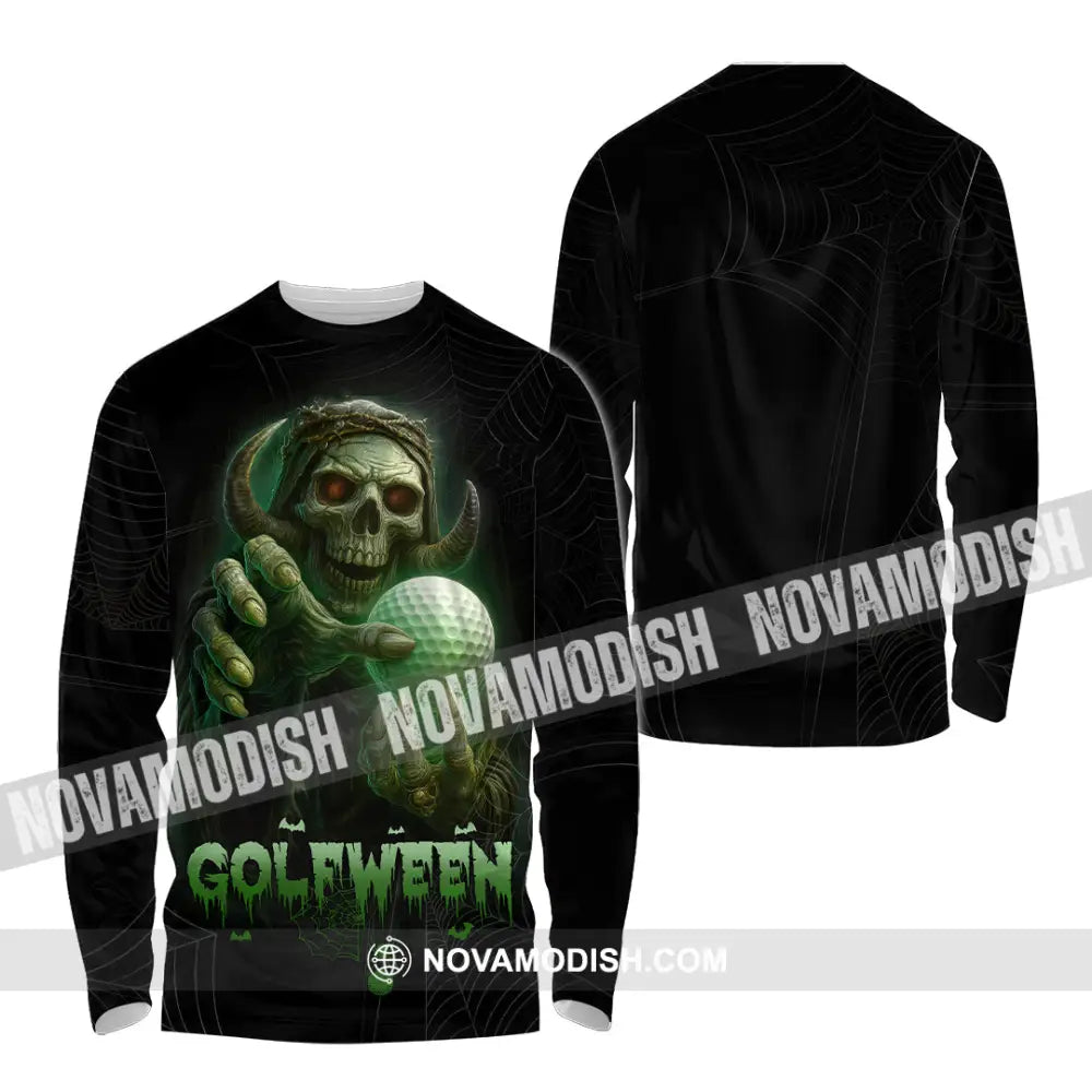 Unisex Shirt - Hello Darkness Skeleton Funny Skull Golf Golfween Halloween Golf Player Shirt Long Sleeve Shirt / S