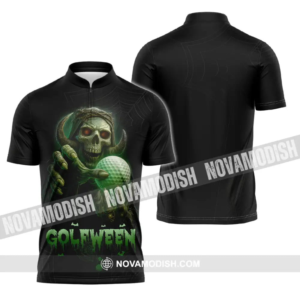 Unisex Shirt - Hello Darkness Skeleton Funny Skull Golf Golfween Halloween Golf Player Shirt Zipper Polo Shirt / S