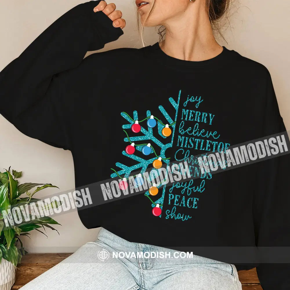 Unisex Shirt Joy Merry Believe Mistletoe Christmas Long Sleeve Sweater Gift For / Black S T-Shirt