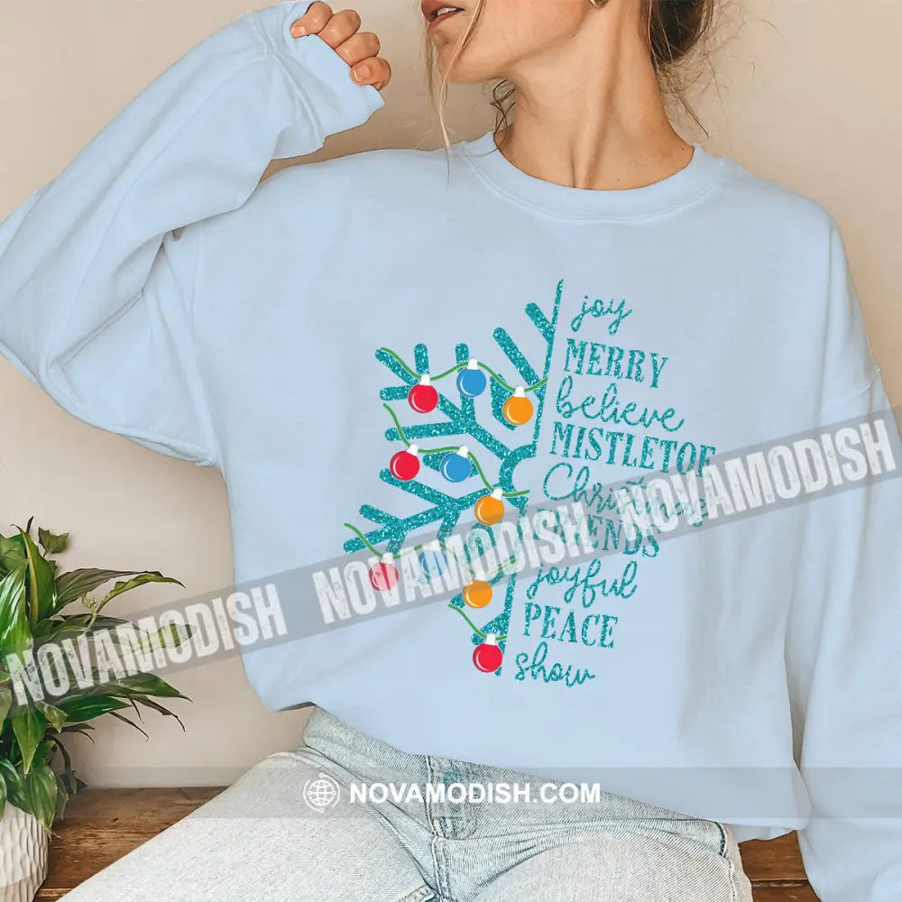 Unisex Shirt Joy Merry Believe Mistletoe Christmas Long Sleeve Sweater Gift For / Blue S T-Shirt