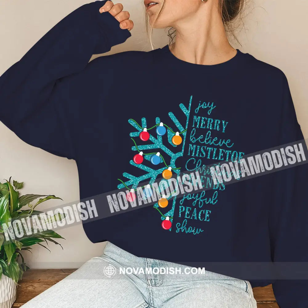 Unisex Shirt Joy Merry Believe Mistletoe Christmas Long Sleeve Sweater Gift For / Dark Blue S