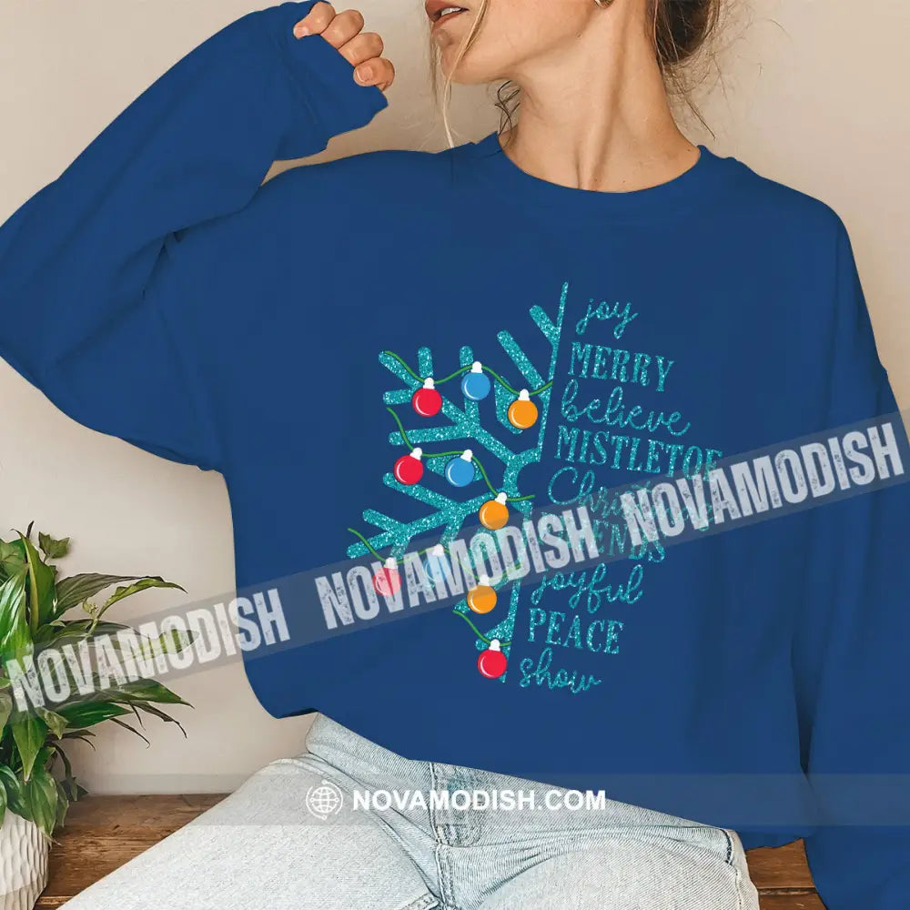 Unisex Shirt Joy Merry Believe Mistletoe Christmas Long Sleeve Sweater Gift For / Navy Blue S